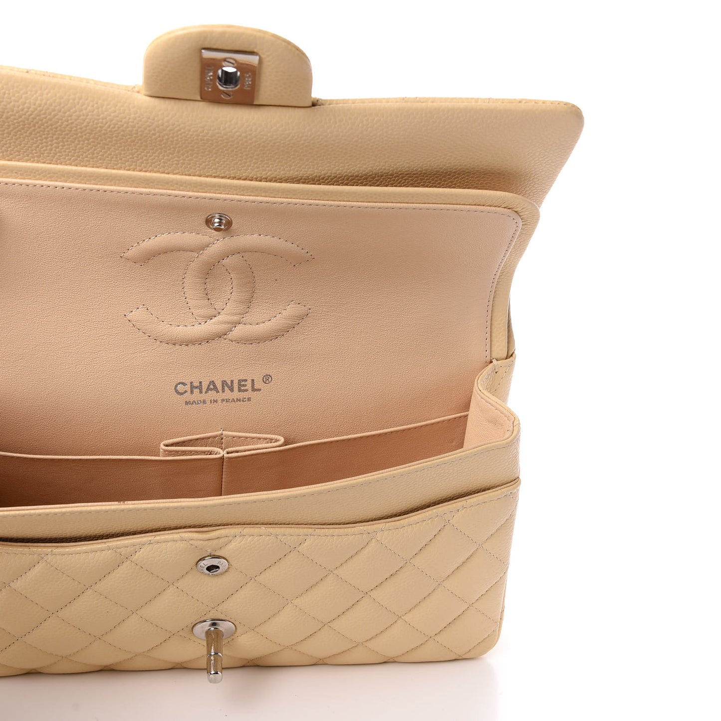 Caviar Quilted Medium Double Flap Beige