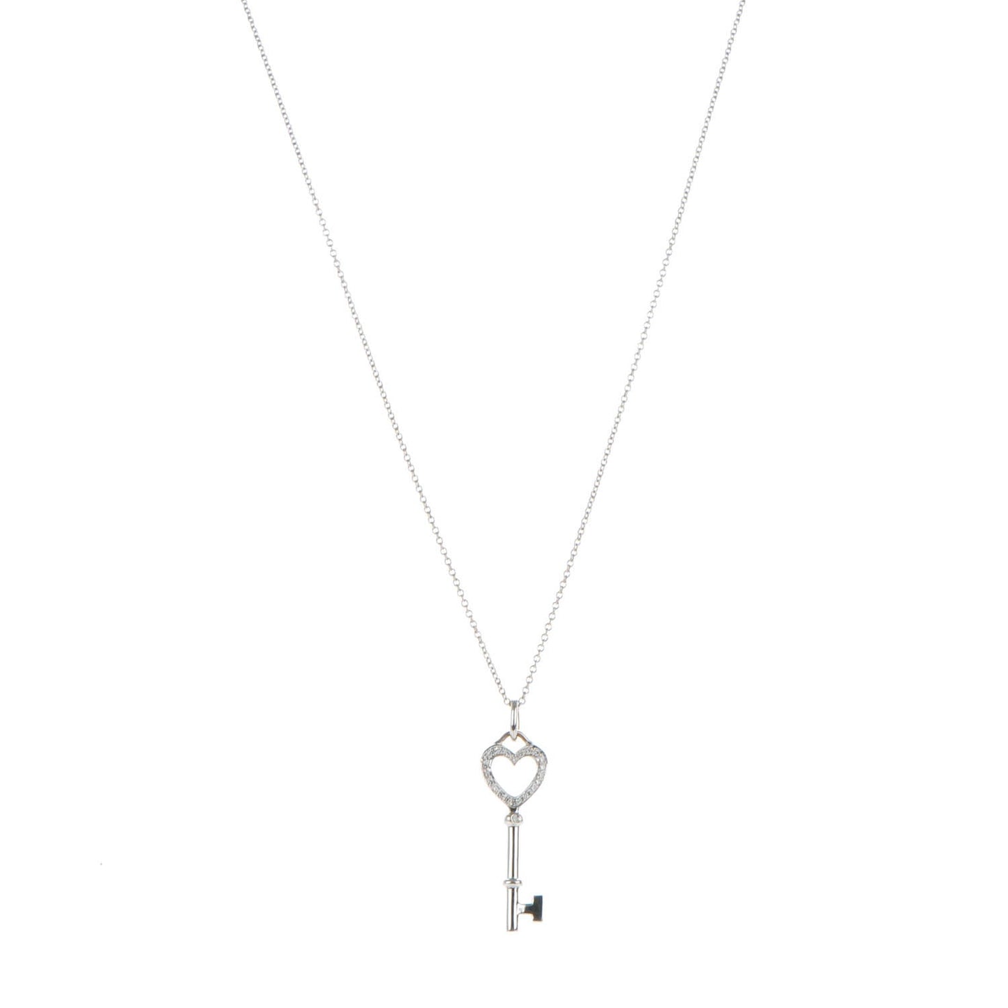 18K White Gold Diamond Medium Heart Key Pendant Necklace