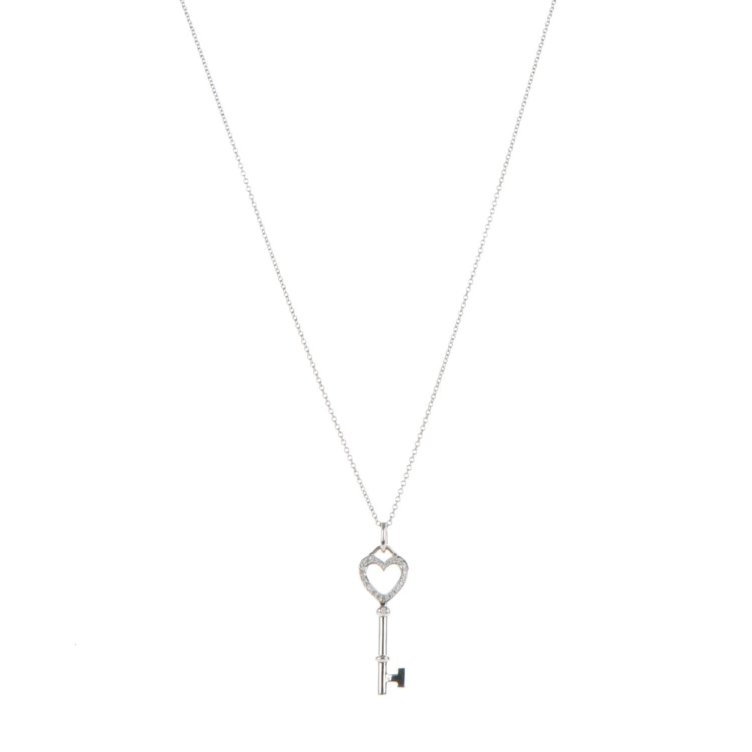 Tiffany 18K White Gold Diamond Medium Heart Key Pendant Necklace 1 of 6