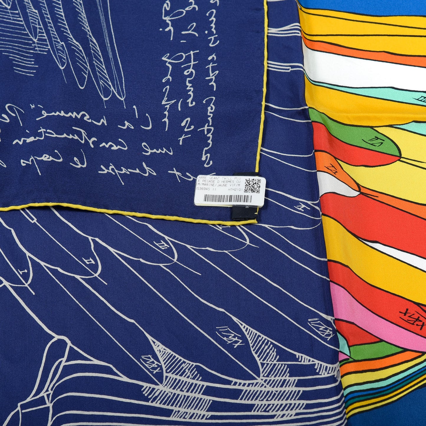 Silk Le Pegase d'Hermes Cut Wash 140 Scarf Marine Jaune Vif Multicolore