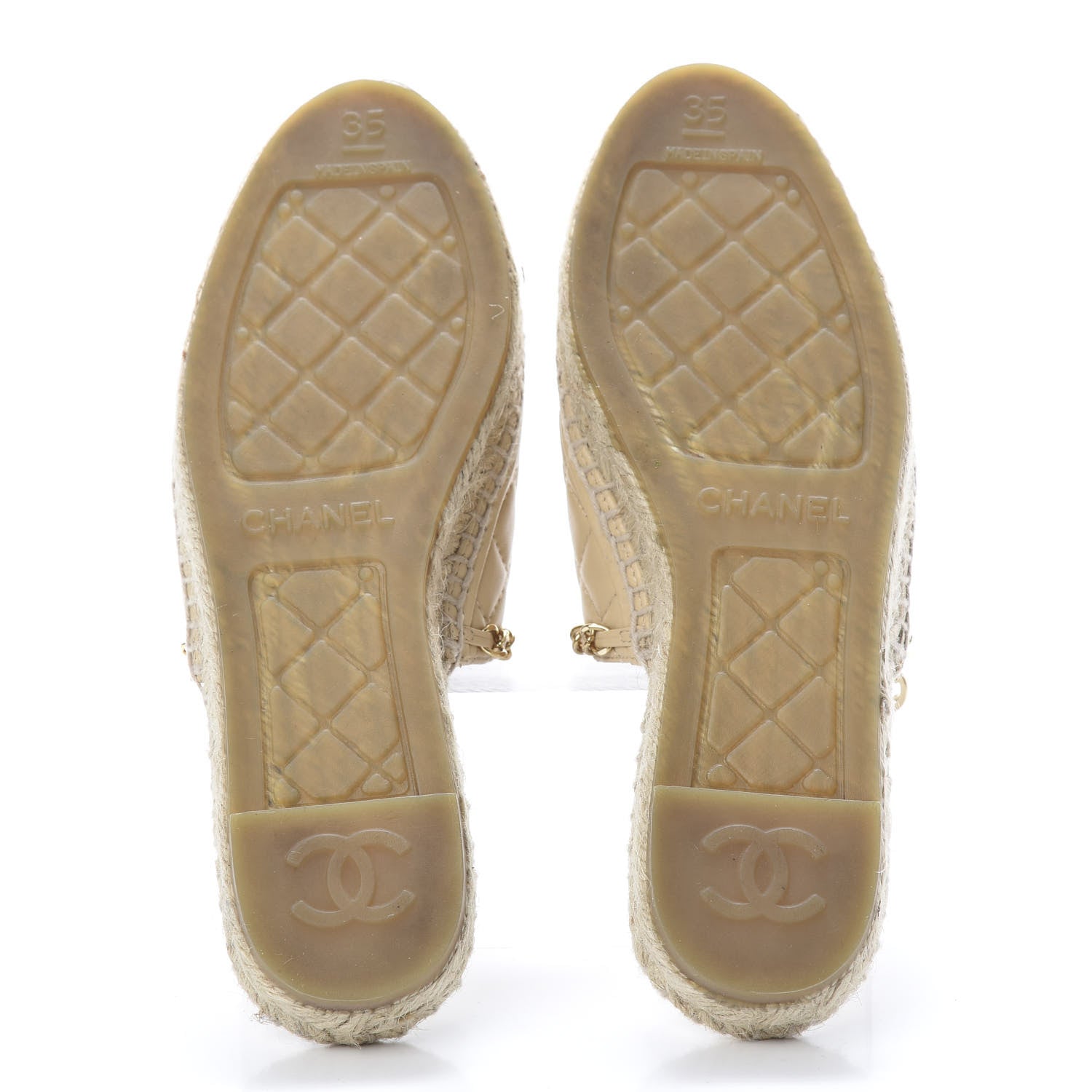 Chanel Lambskin Grosgrain Quilted CC Chain Espadrille Mules 35 Beige Black 5 of 12