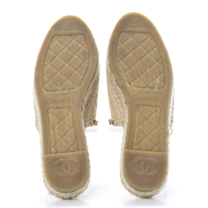 Chanel Lambskin Grosgrain Quilted CC Chain Espadrille Mules 35 Beige Black 5 of 12