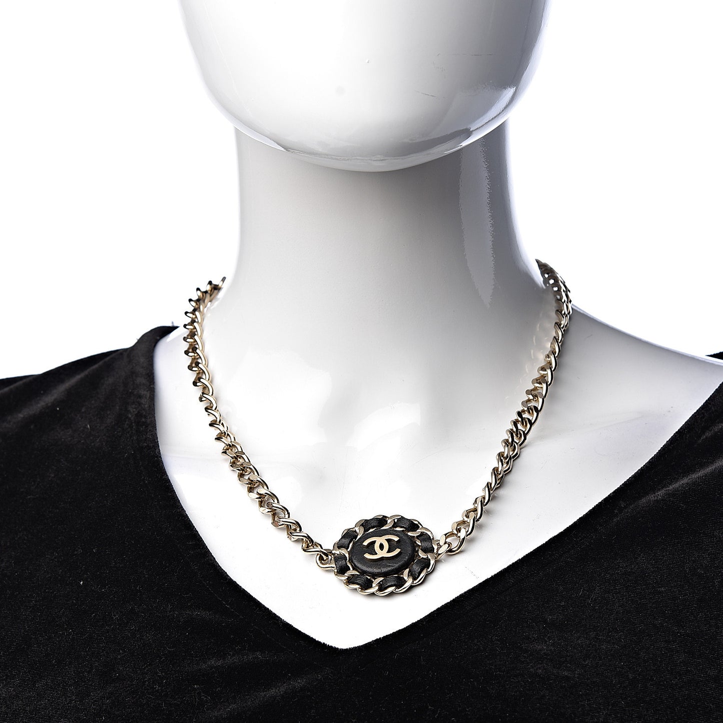 Lambskin CC Chain Short Necklace Black Gold