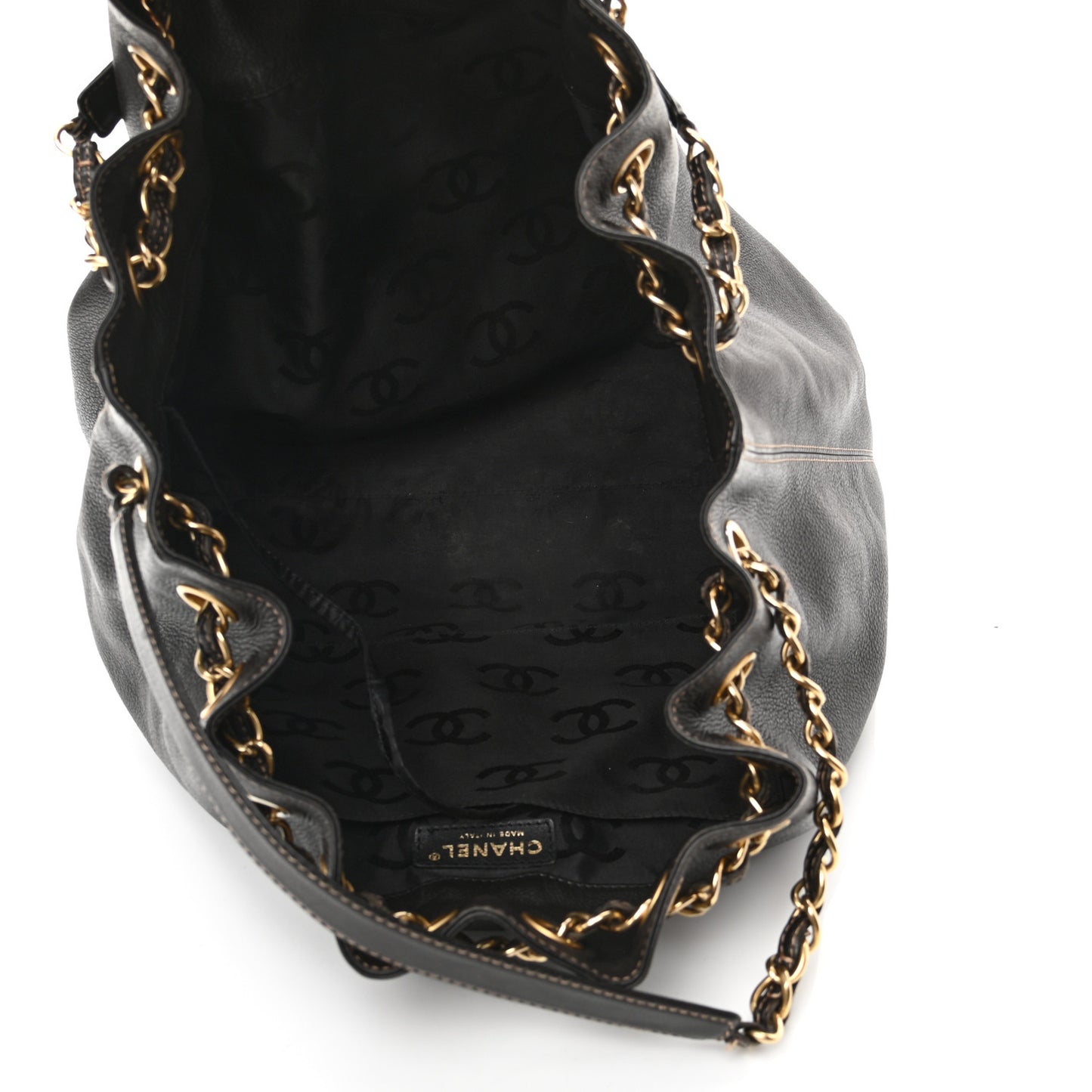 Grained Calfskin CC Drawstring Bucket Bag Black