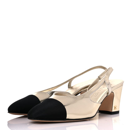 Chanel Metallic Calfskin Grosgrain Cap Toe CC Slingback Sandals 35.5 Gold Black 3 of 9