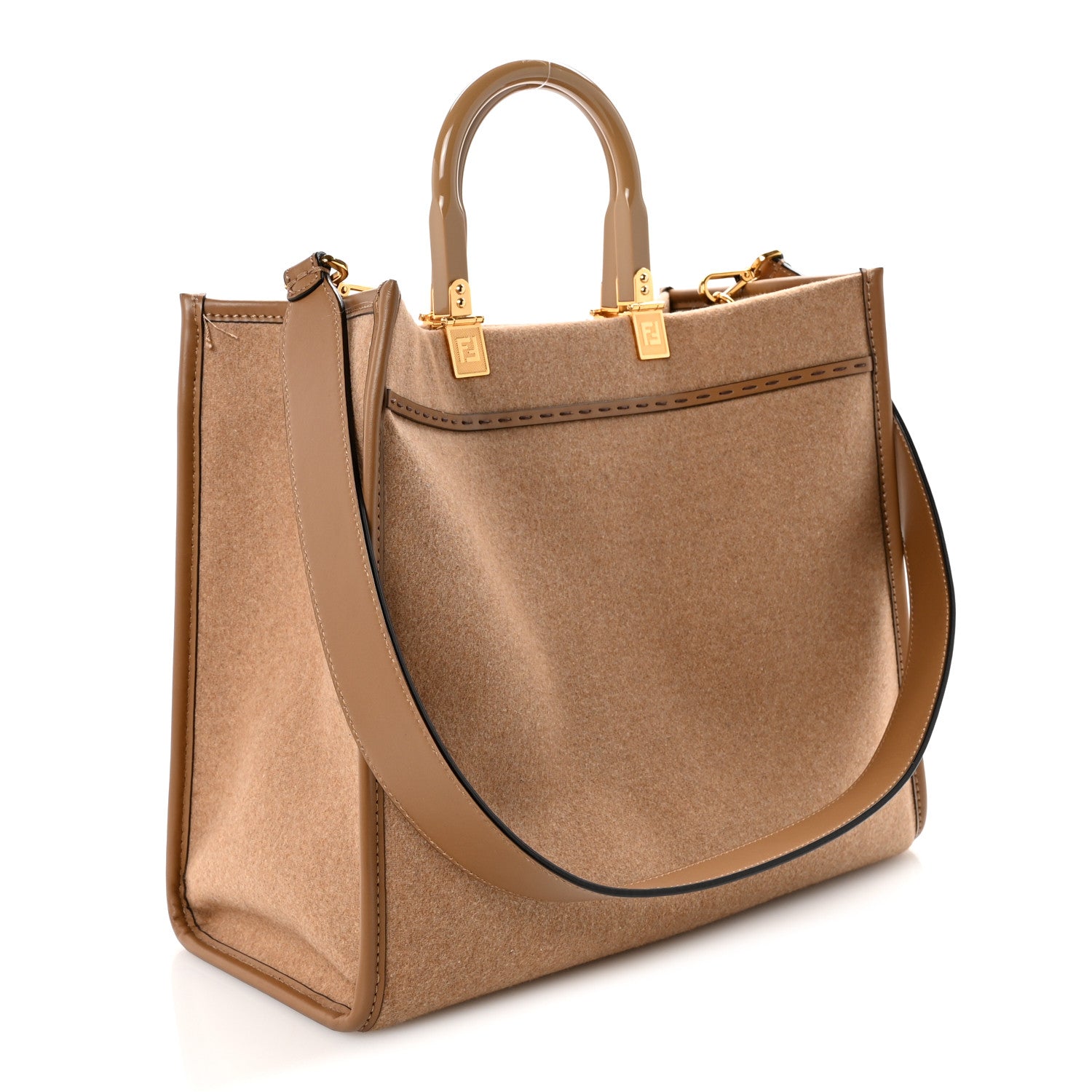 Fendi Flannel Vitello King Wool Plexiglass FF Logo Embroidered Medium Fendi Sunshine Shopper Tote Brown 3 of 9