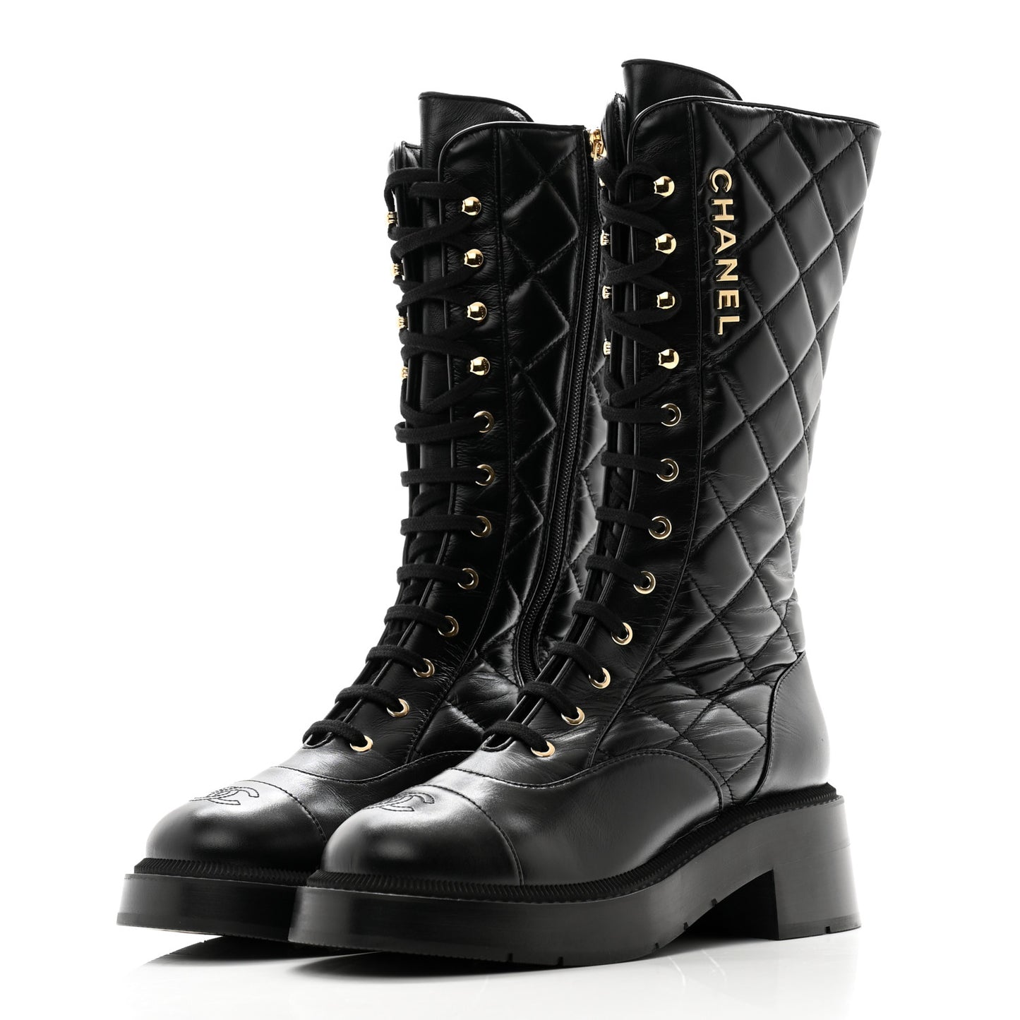 Calfskin Quilted Logo Lace Up Tall Combat Boots 38.5 Black