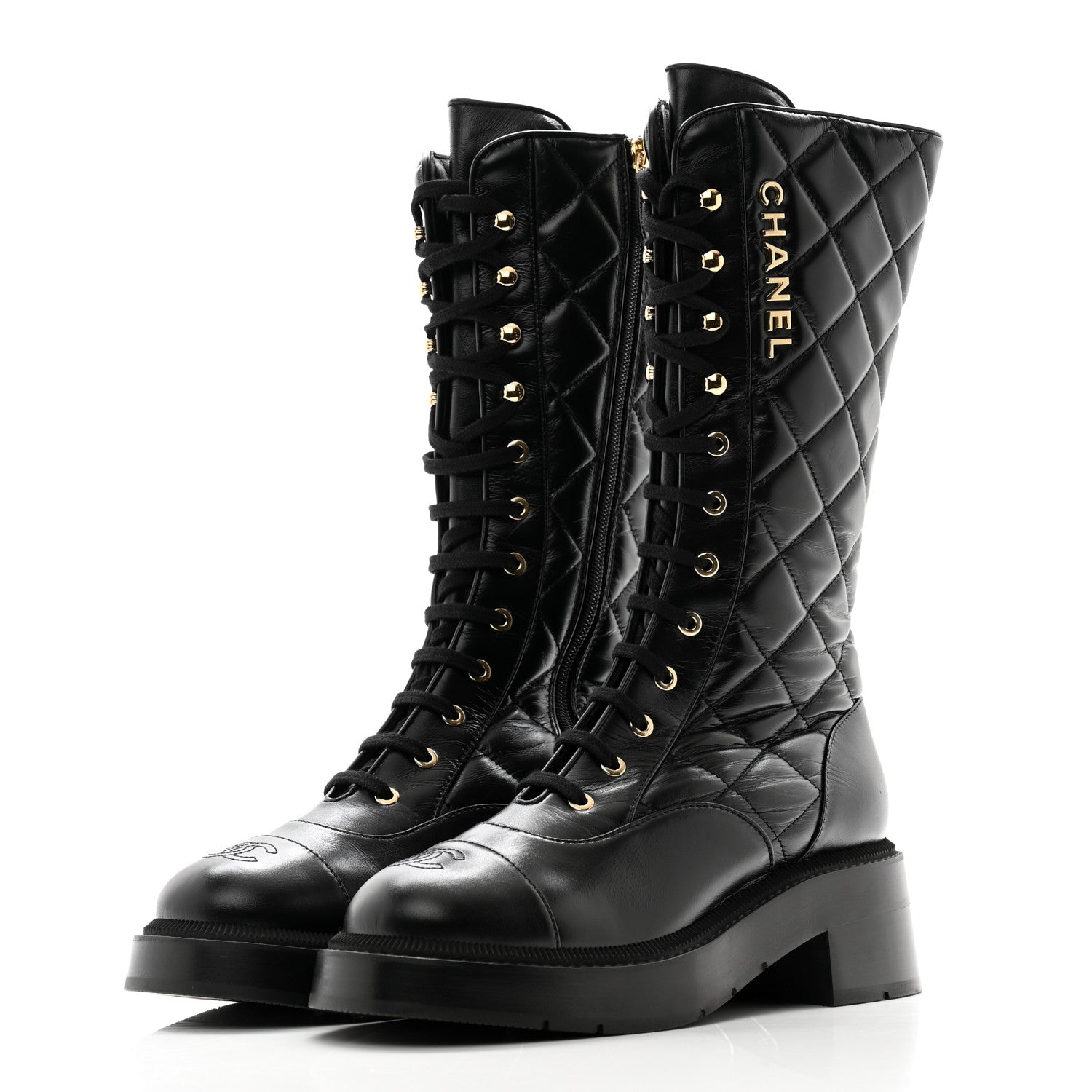 Chanel Calfskin Quilted Logo Lace Up Tall Combat Boots 38.5 Black 3 of 9