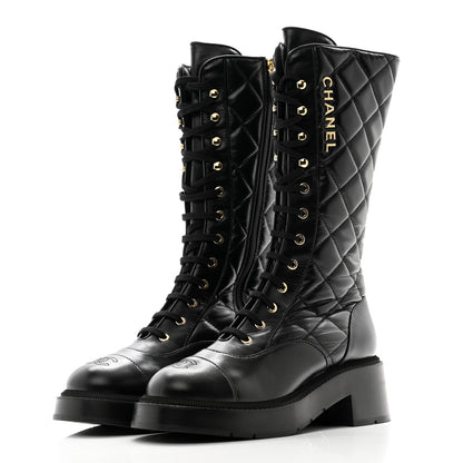 Chanel Calfskin Quilted Logo Lace Up Tall Combat Boots 38.5 Black 3 of 9