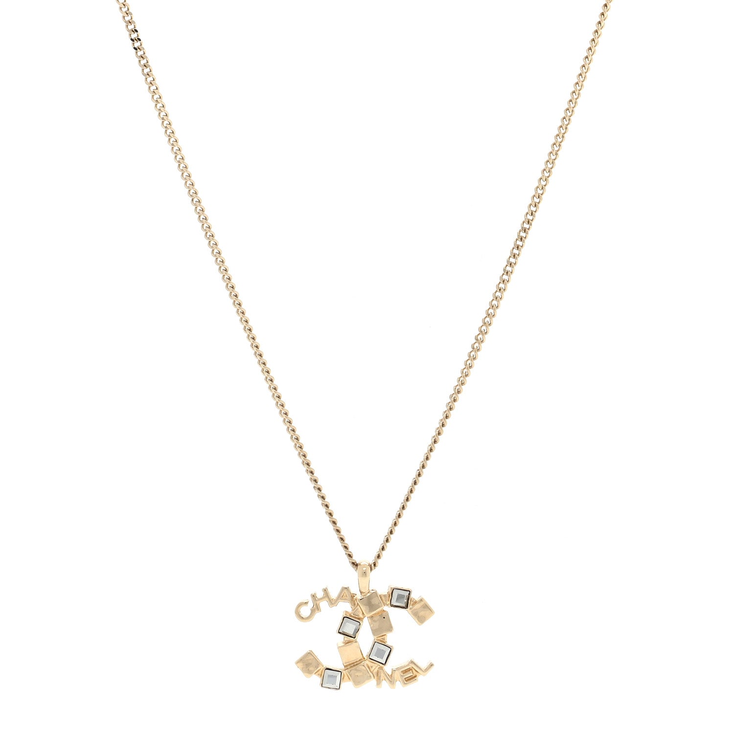 Chanel Baguette Crystal Logo CC Necklace Grey Gold 1 of 3