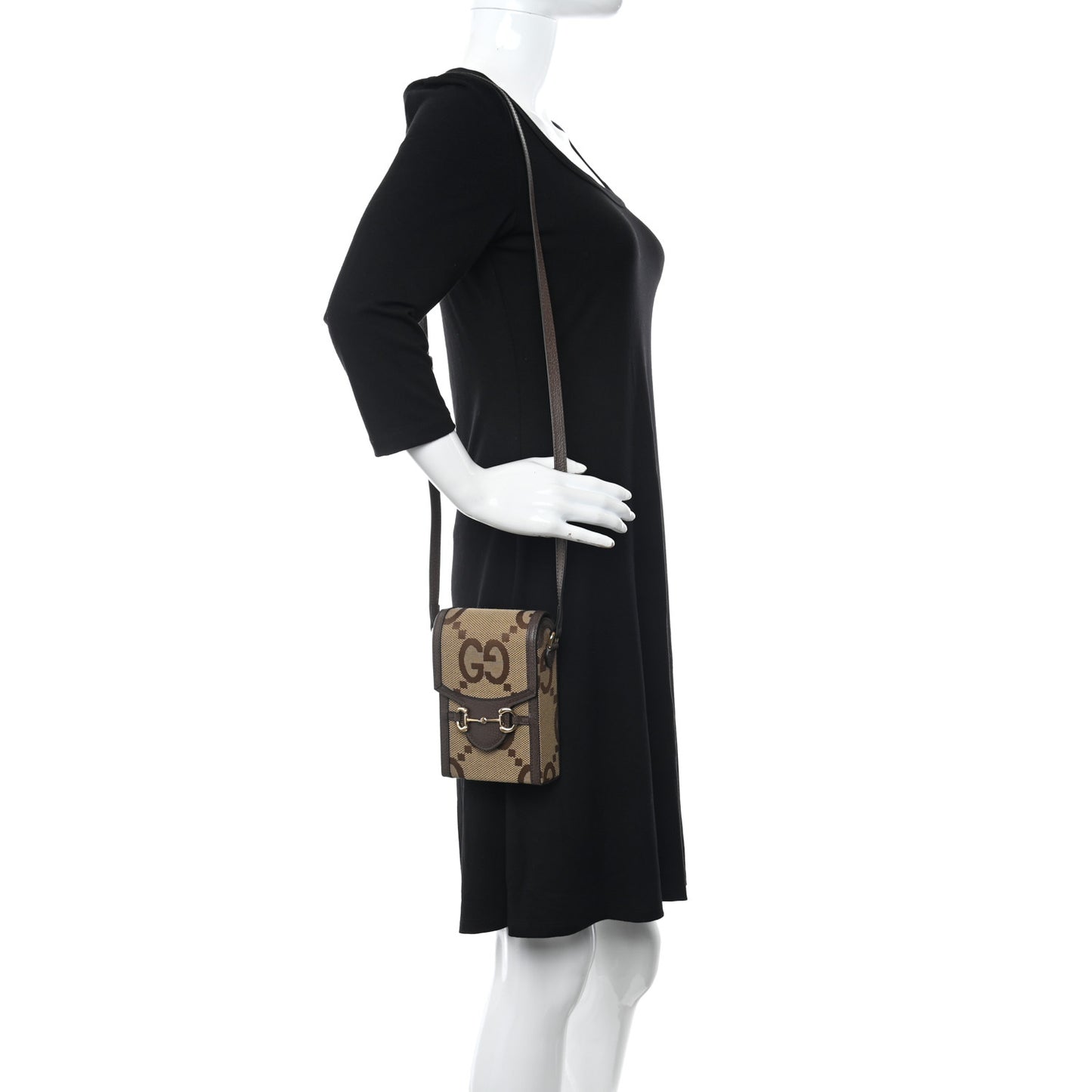 Monogram Jumbo GG Textured Dollar Calfskin Mini Horsebit 1955 Crossbody Bag Camel Ebony New Acero
