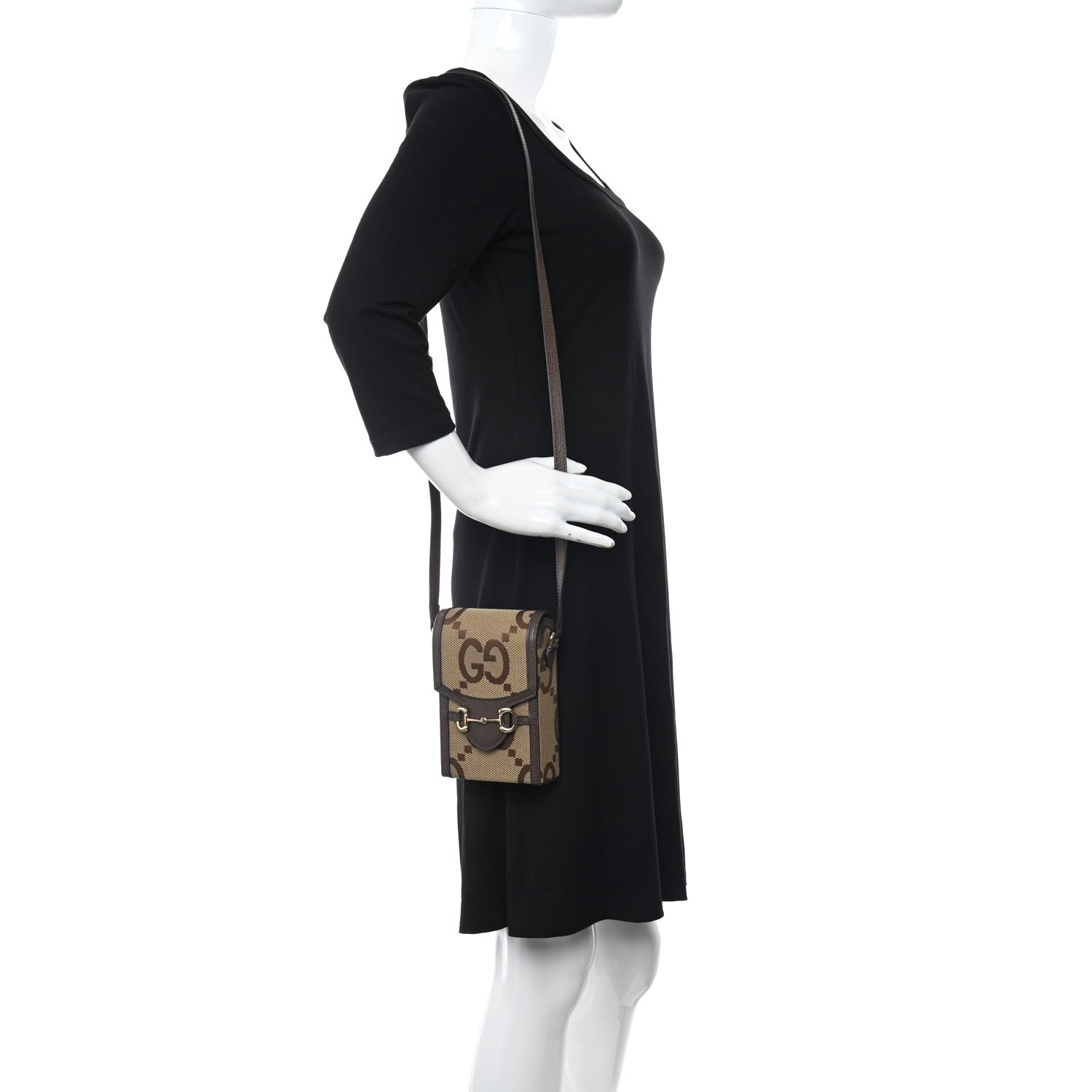 Gucci Monogram Jumbo GG Textured Dollar Calfskin Mini Horsebit 1955 Crossbody Bag Camel Ebony New Acero 2 of 9