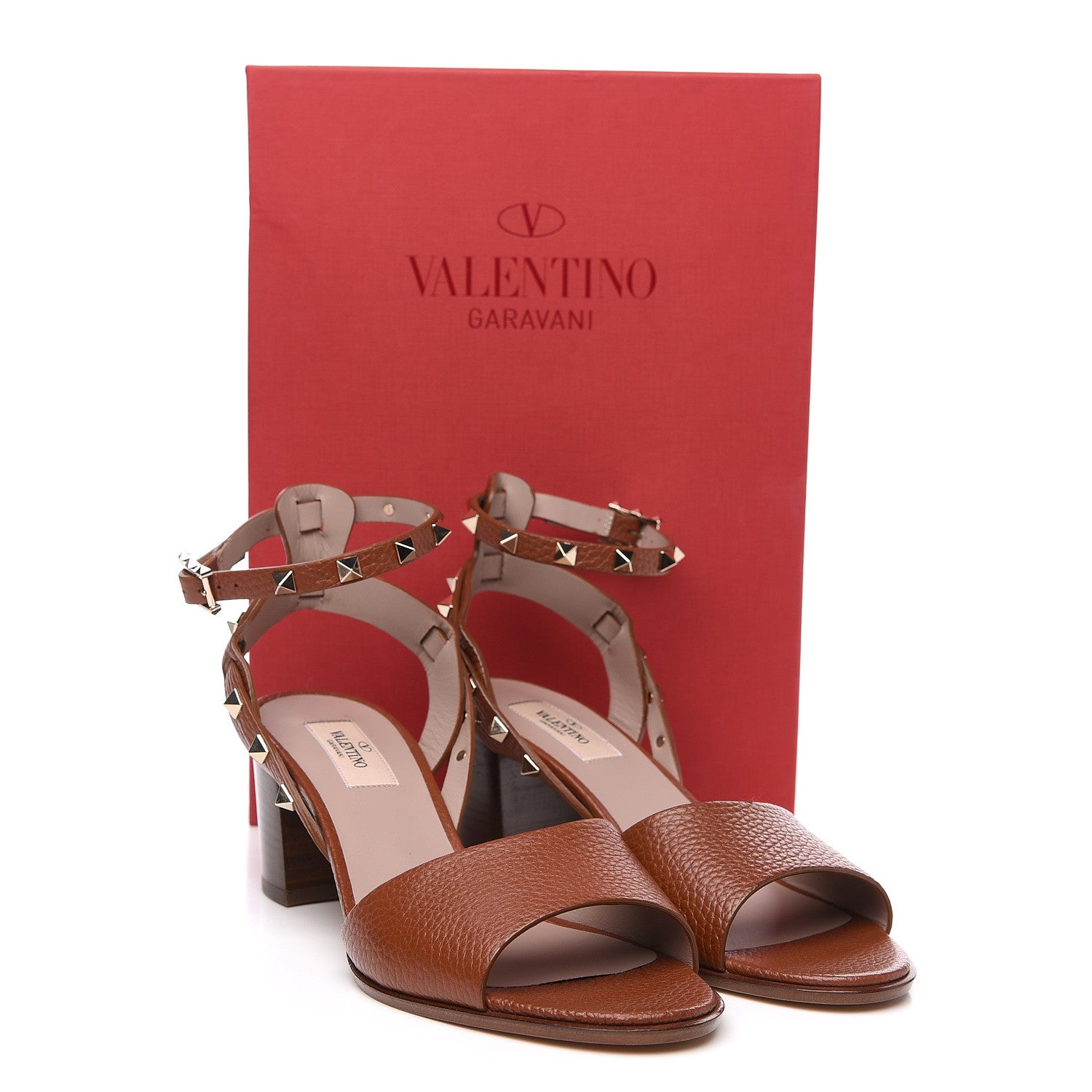 Valentino Garavani Pebbled Calfskin Rockstud Ankle Strap 60mm Sandals 39 Bright Cognac 8 of 8