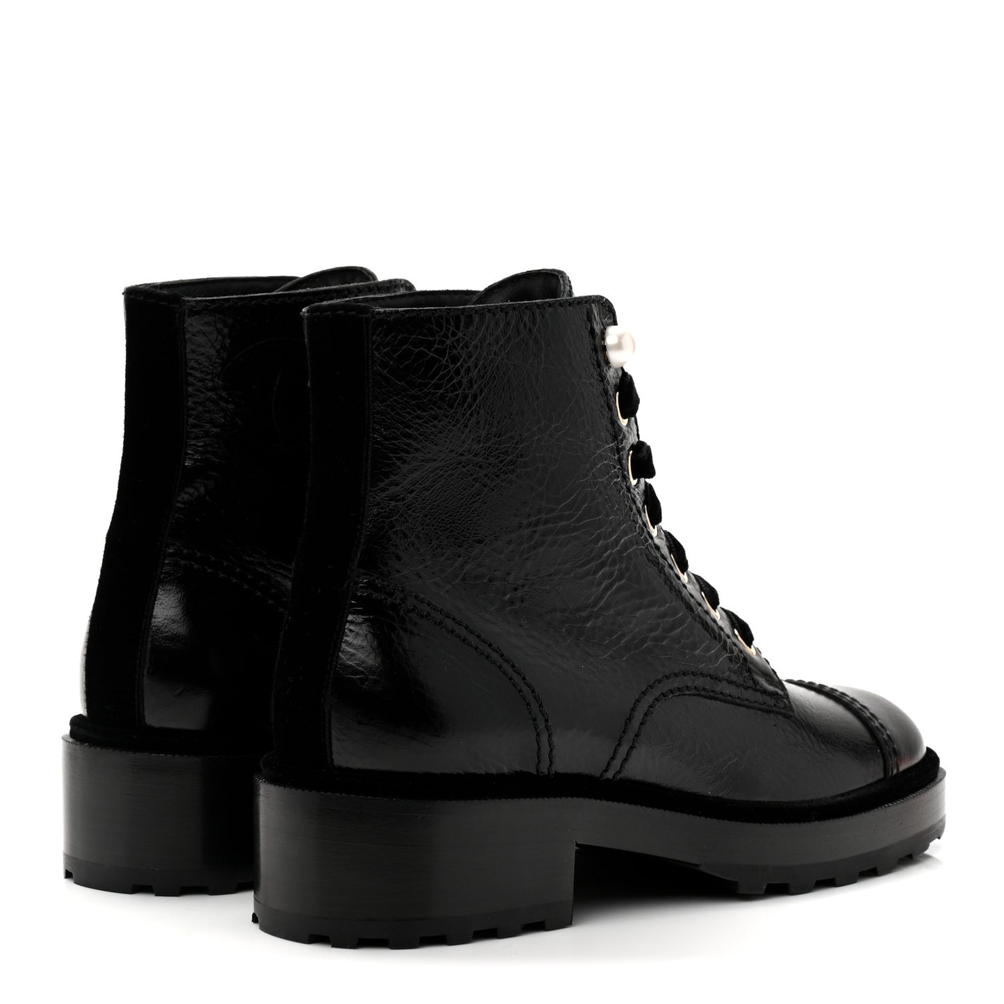 Shiny Calfskin Velvet Pearl Combat Short Boots 37 Black