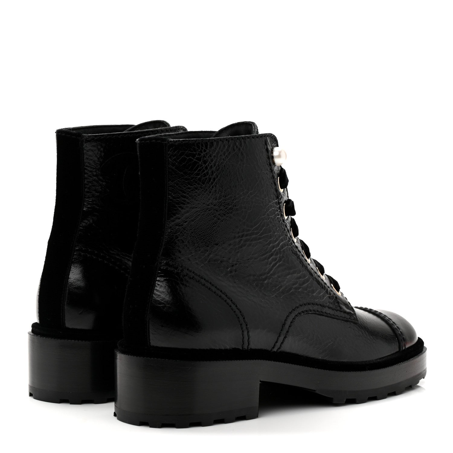 Chanel Shiny Calfskin Velvet Pearl Combat Short Boots 37 Black 5 of 8