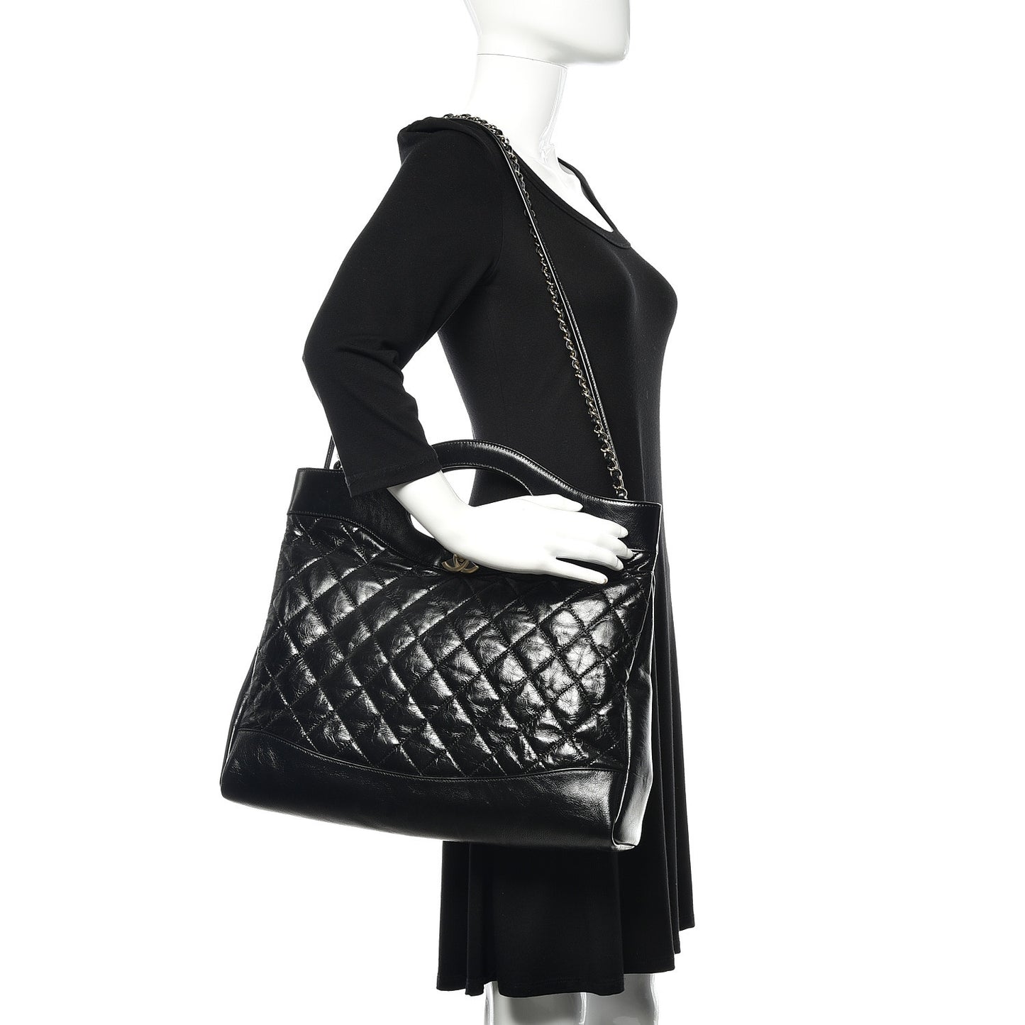 Aged Calfskin Quilted Large 31 Shopping Bag Black
