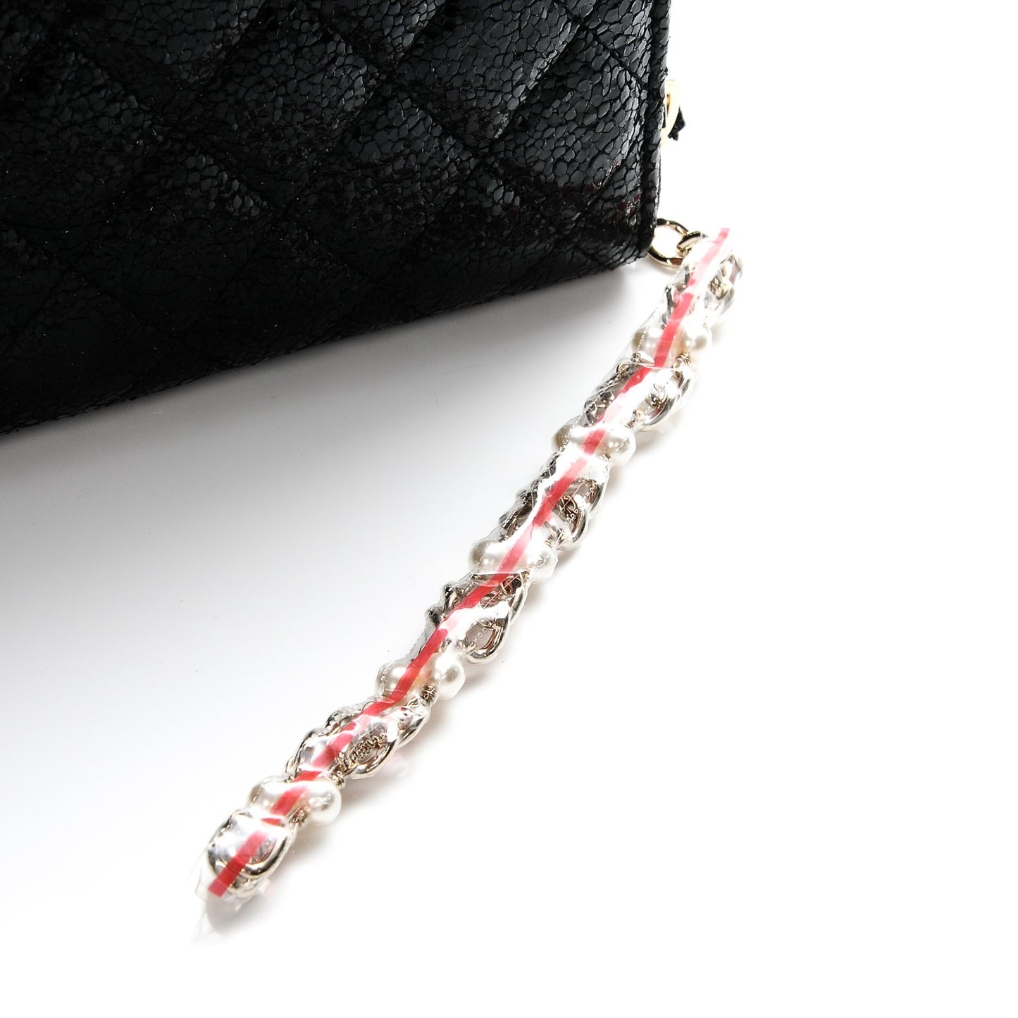 Crackled Patent Calfskin Zip Around Large Gusset Wallet With Pearl Chain Black