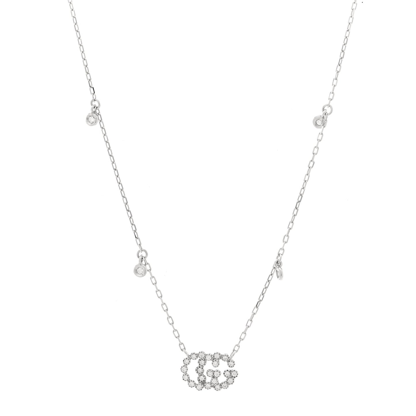 18K White Gold Diamond Running GG Pendant Necklace