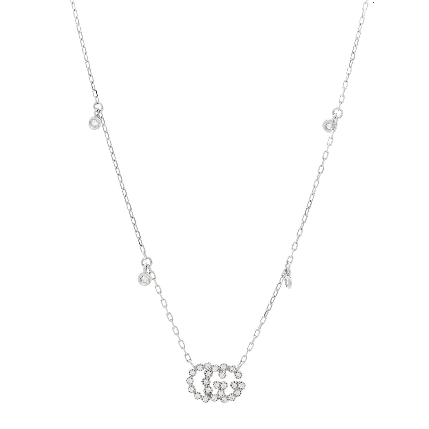Gucci 18K White Gold Diamond Running GG Pendant Necklace 1 of 5