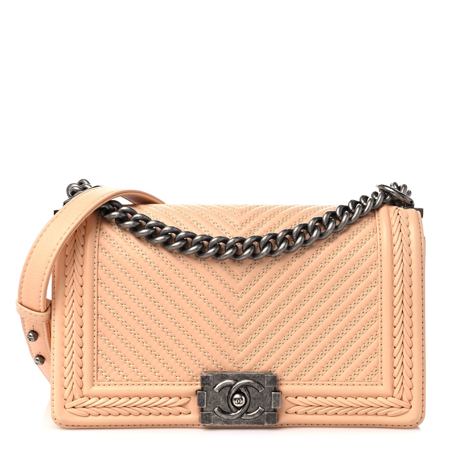 Calfskin Chevron Quilted Medium Braided Boy Flap Beige