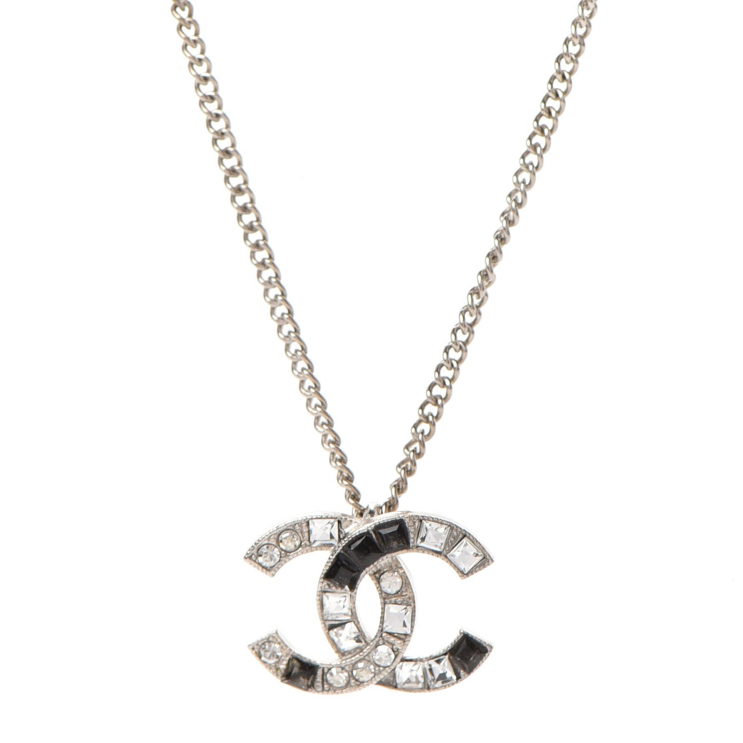 Baguette Crystal Pearl CC Necklace Silver Black