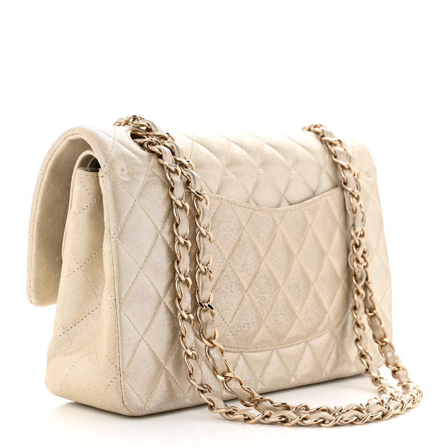 Iridescent Calfskin Quilted Medium Double Flap Light Gold