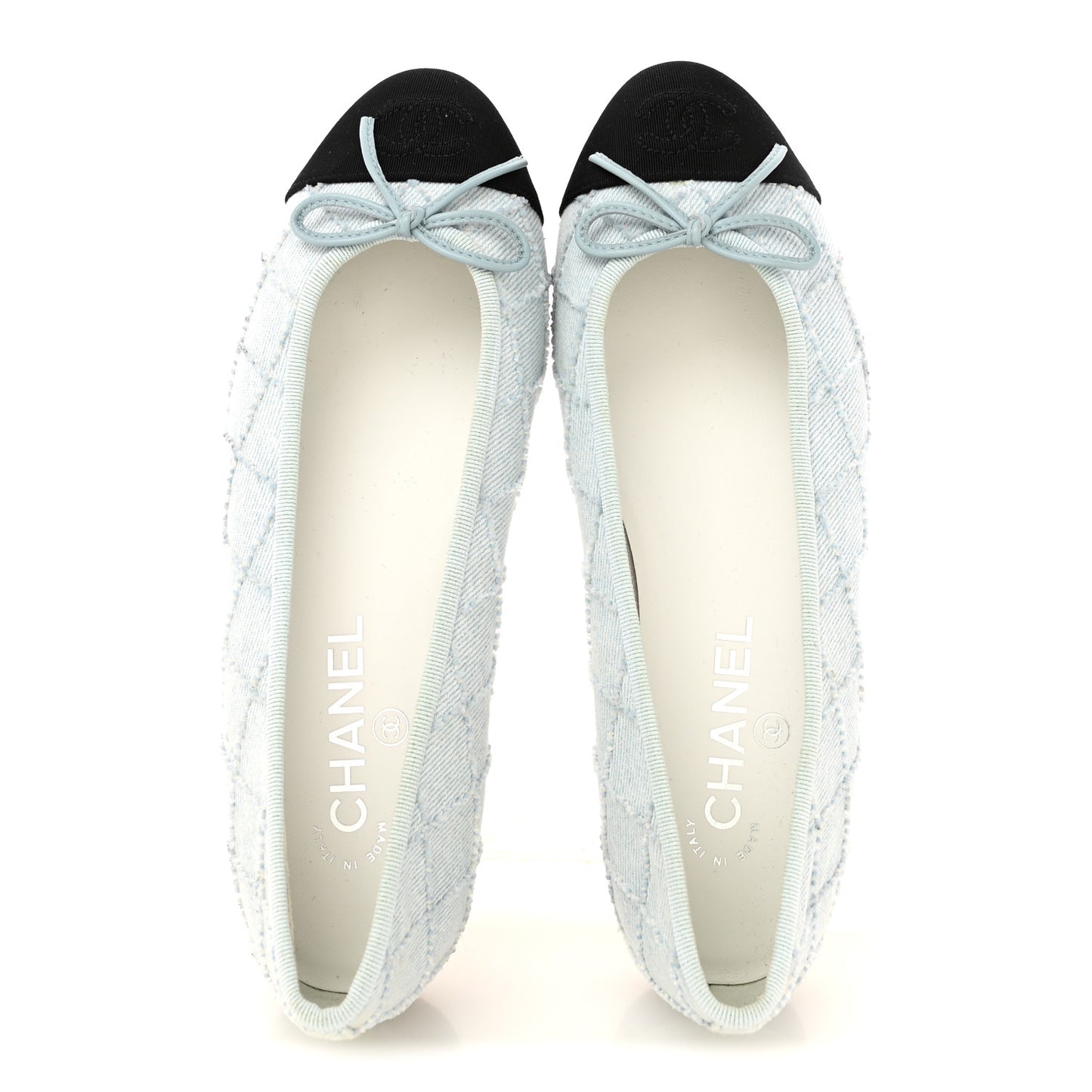 Denim Embroidered Grosgrain CC Cap Toe Ballerina Flats 37.5 Light Blue Black