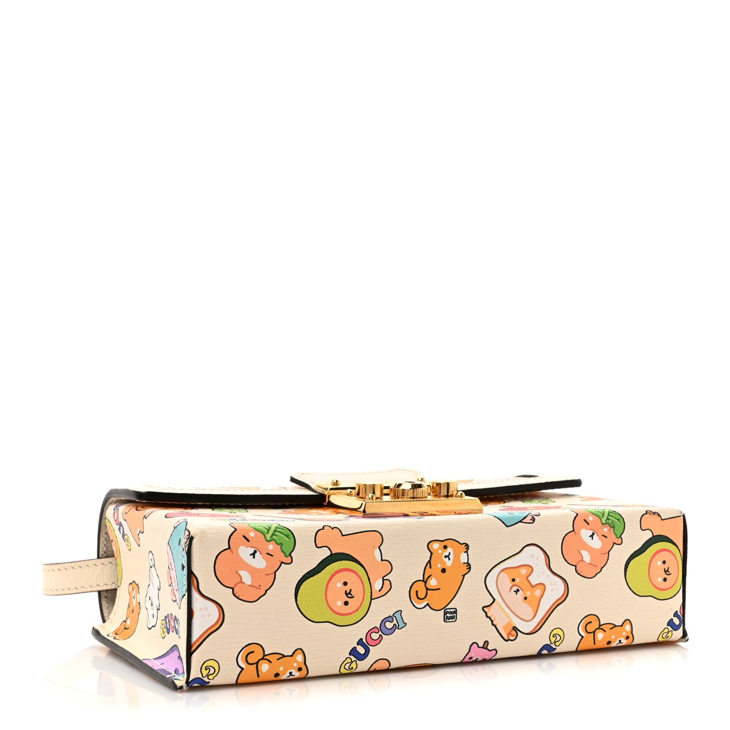 Gucci X PIKARAR Textured Dollar Calfskin Animal Print Mini Padlock Top Handle Shoulder Bag Beige Mystic White Multicolor 4 of 16