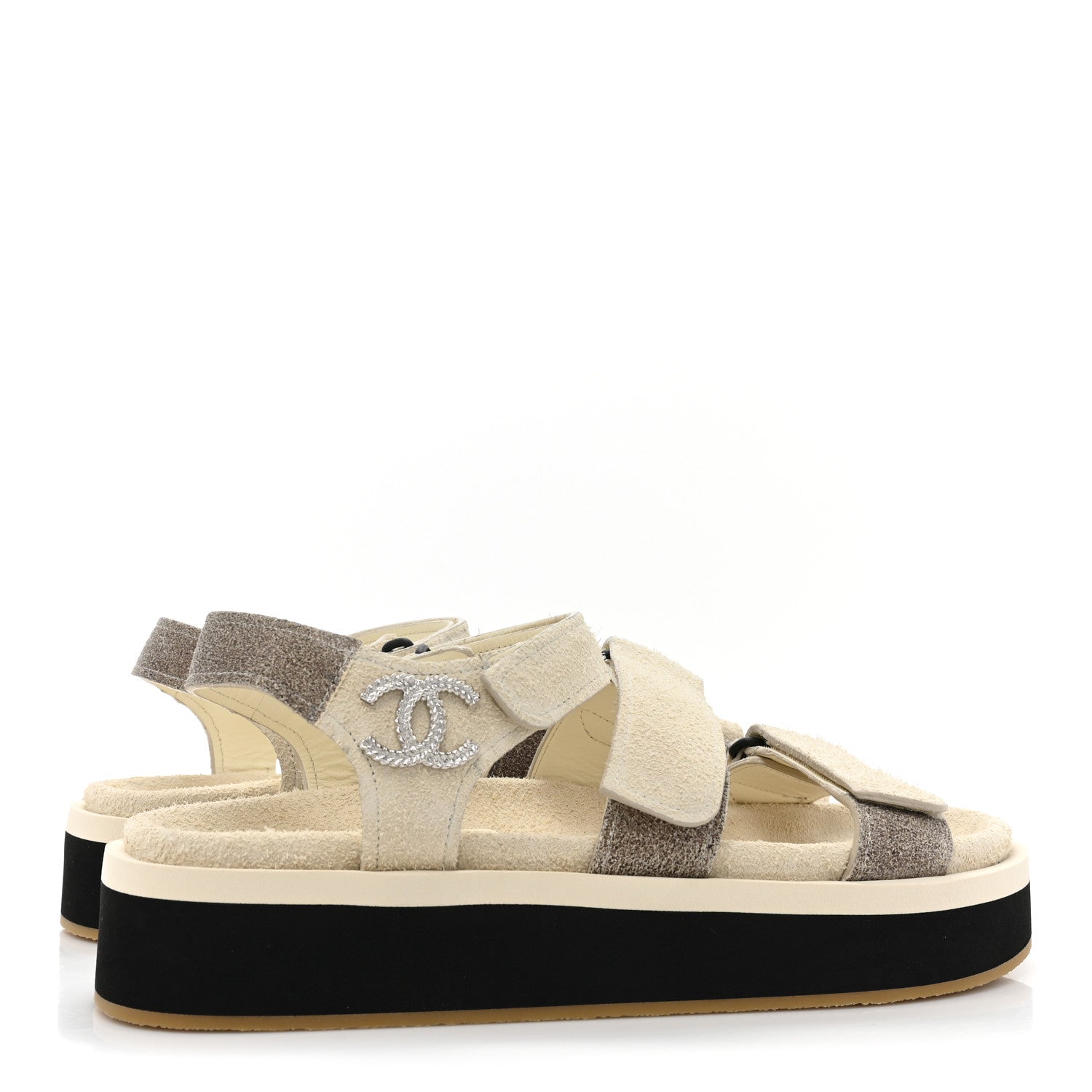 Chanel Suede Calfskin Velcro Flat Sandals 39 Ecru Dark Beige 4 of 9