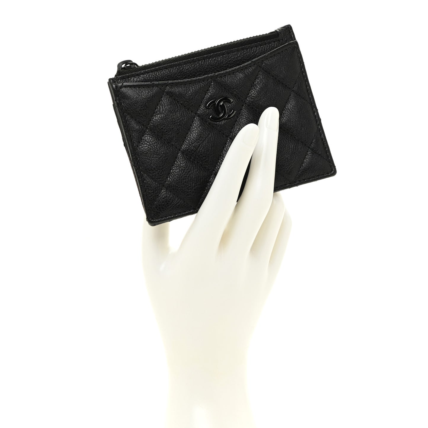Crinkled Calfskin Quilted CC Zip Card Holder So Black