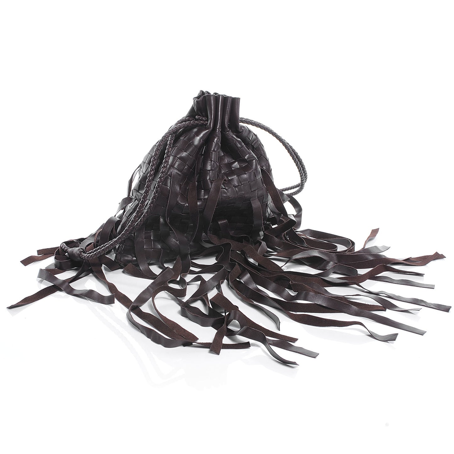 Lambskin Intrecciato Drawstring Fringe Pochette Brown