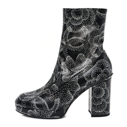 Chanel Calfskin Camellia Printed Ankle Boots 38.5 Black White 1 of 11