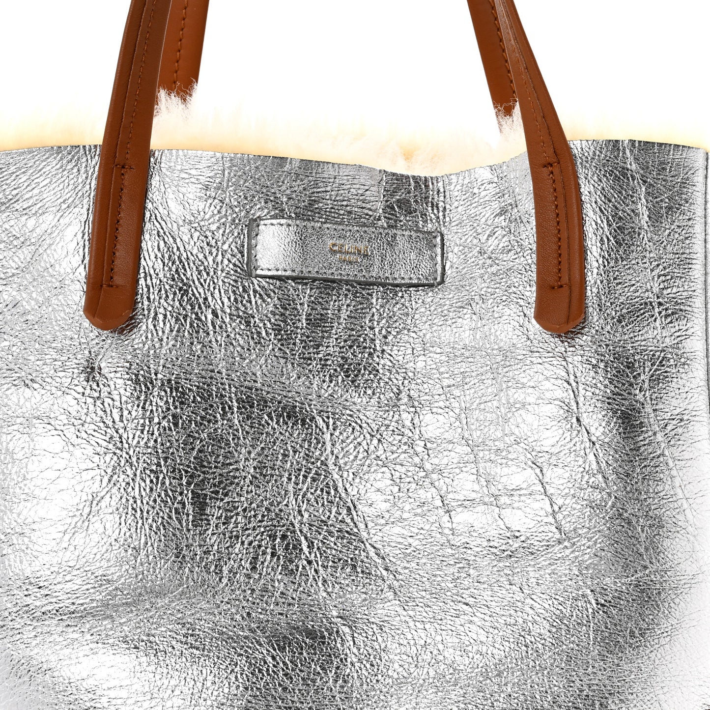 Metallic Lambskin Shearling Medium Phantom Cabas Reversible Tote Natural Silver