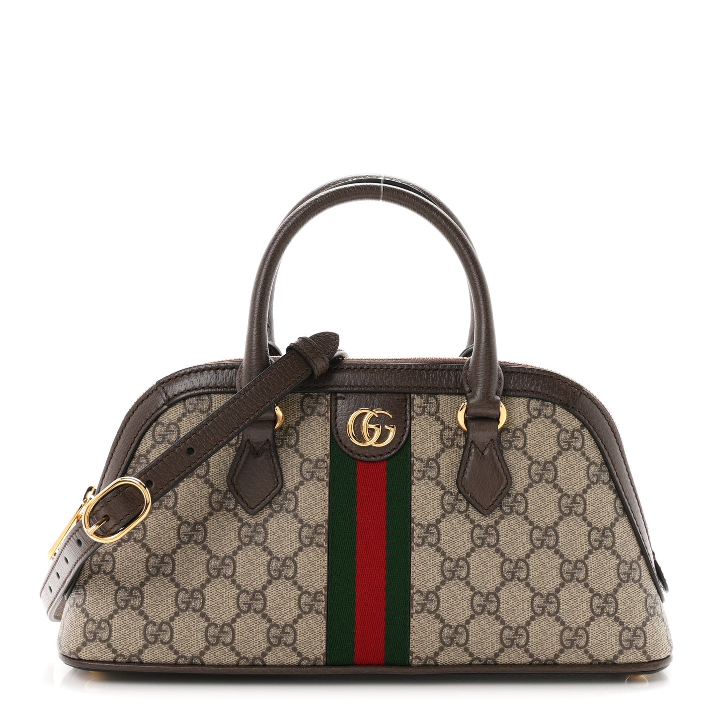GG Supreme Monogram Textured Dollar Calfskin Web Medium Ophidia Top Handle Bowler Bag Beige Ebony New Acero