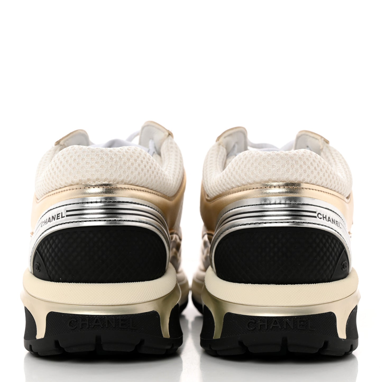 Fabric Laminated Calfskin Stretch CC Womens Sneakers 38 White Gold Silver