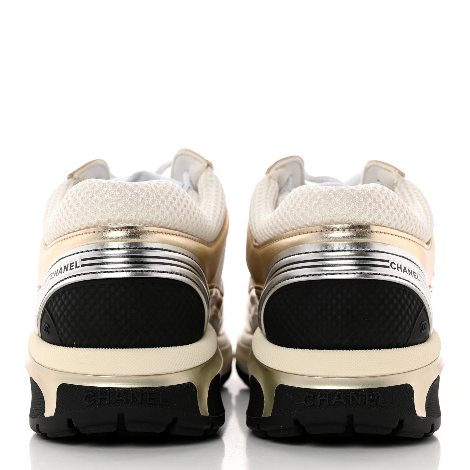 Chanel Fabric Laminated Calfskin Stretch CC Womens Sneakers 38 White Gold Silver 5 of 15