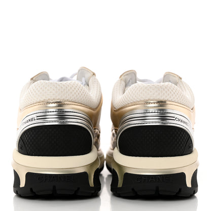 Chanel Fabric Laminated Calfskin Stretch CC Womens Sneakers 38 White Gold Silver 5 of 15