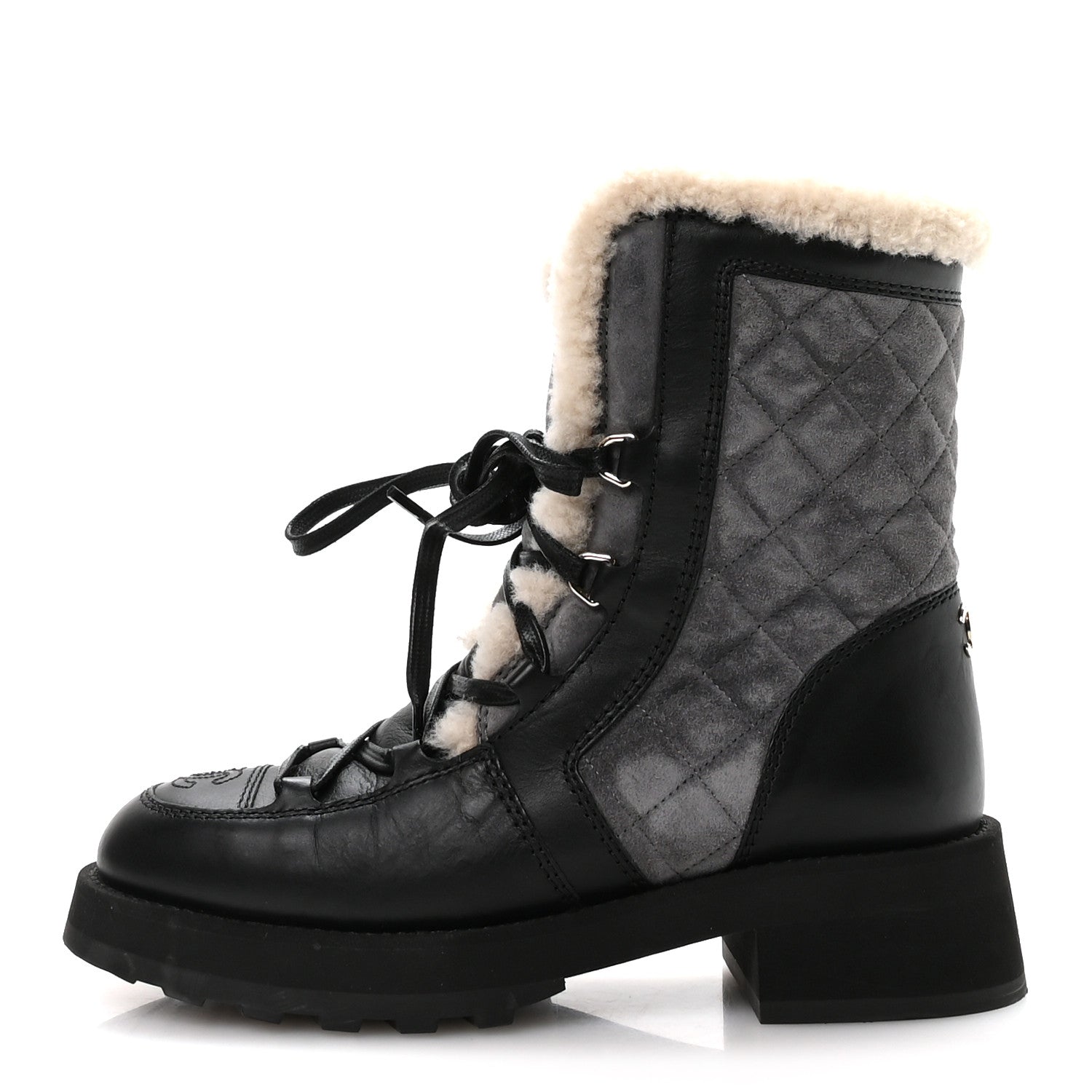 Chanel Calfskin Suede Shearling Lace Up Boots 37 Black Grey Light Beige 1 of 8