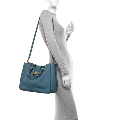 Miu Miu Goatskin Madras Shopping Tote Azzurro 2 of 17