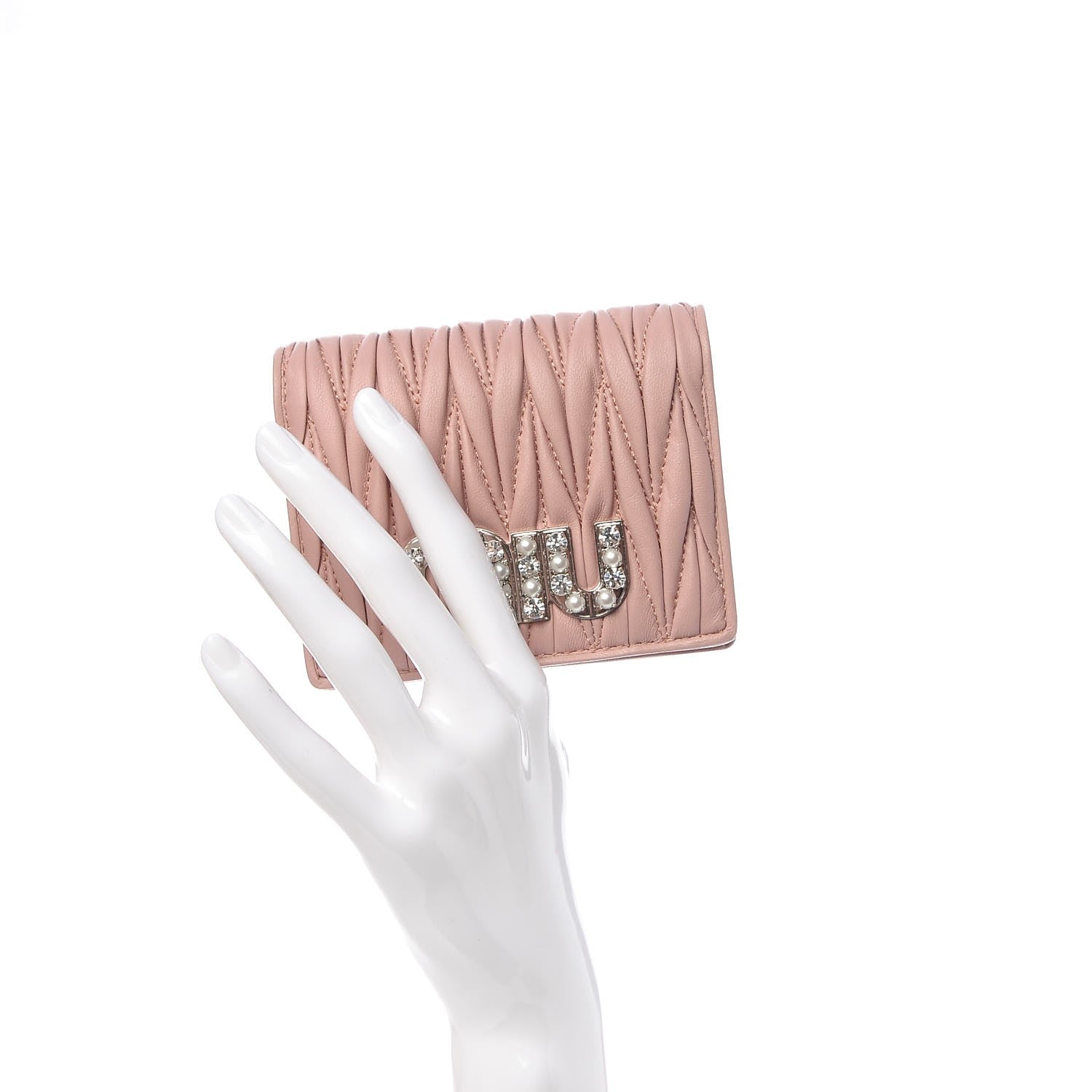 Miu Miu Nappa Matelasse Crystal Pearl Logo Compact Wallet Orchidea 2 of 8