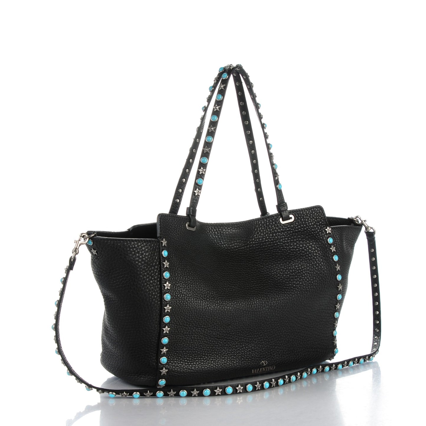 Grained Calfskin Turquoise Star Studded Medium Rockstud Rolling Tote Black
