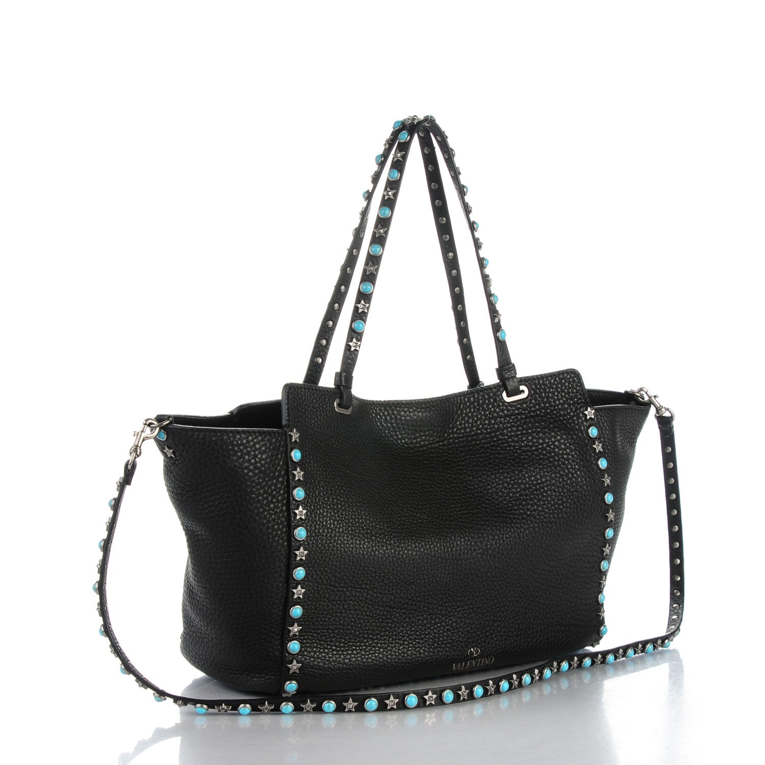 Valentino Garavani Grained Calfskin Turquoise Star Studded Medium Rockstud Rolling Tote Black 3 of 8