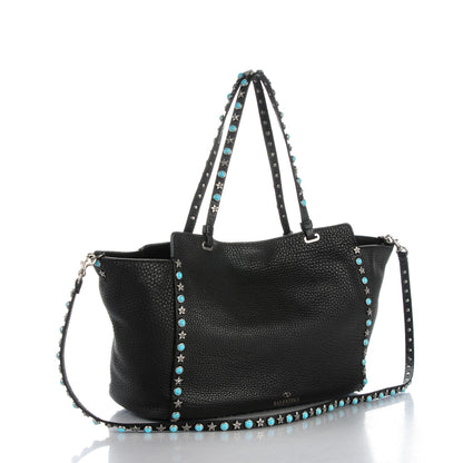 Valentino Garavani Grained Calfskin Turquoise Star Studded Medium Rockstud Rolling Tote Black 3 of 8