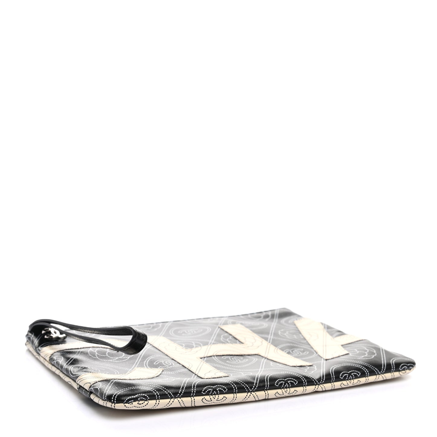 Coated Canvas Calfskin Camellia Printed Pouch Black Beige