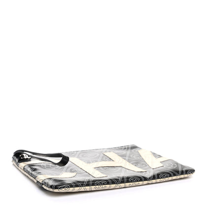 Chanel Coated Canvas Calfskin Camellia Printed Pouch Black Beige 3 of 6