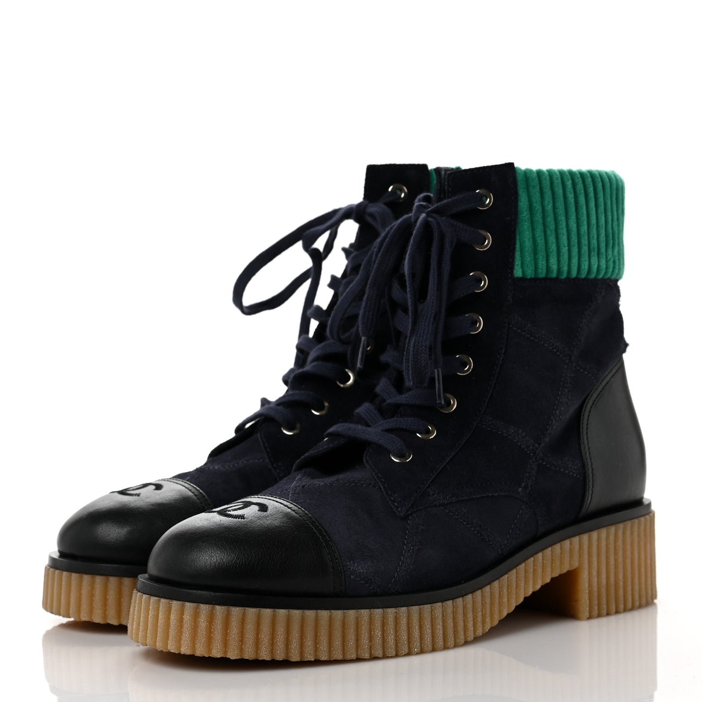 Suede Calfskin Velvet Quilted CC Combat Boots 40 Navy Green Black