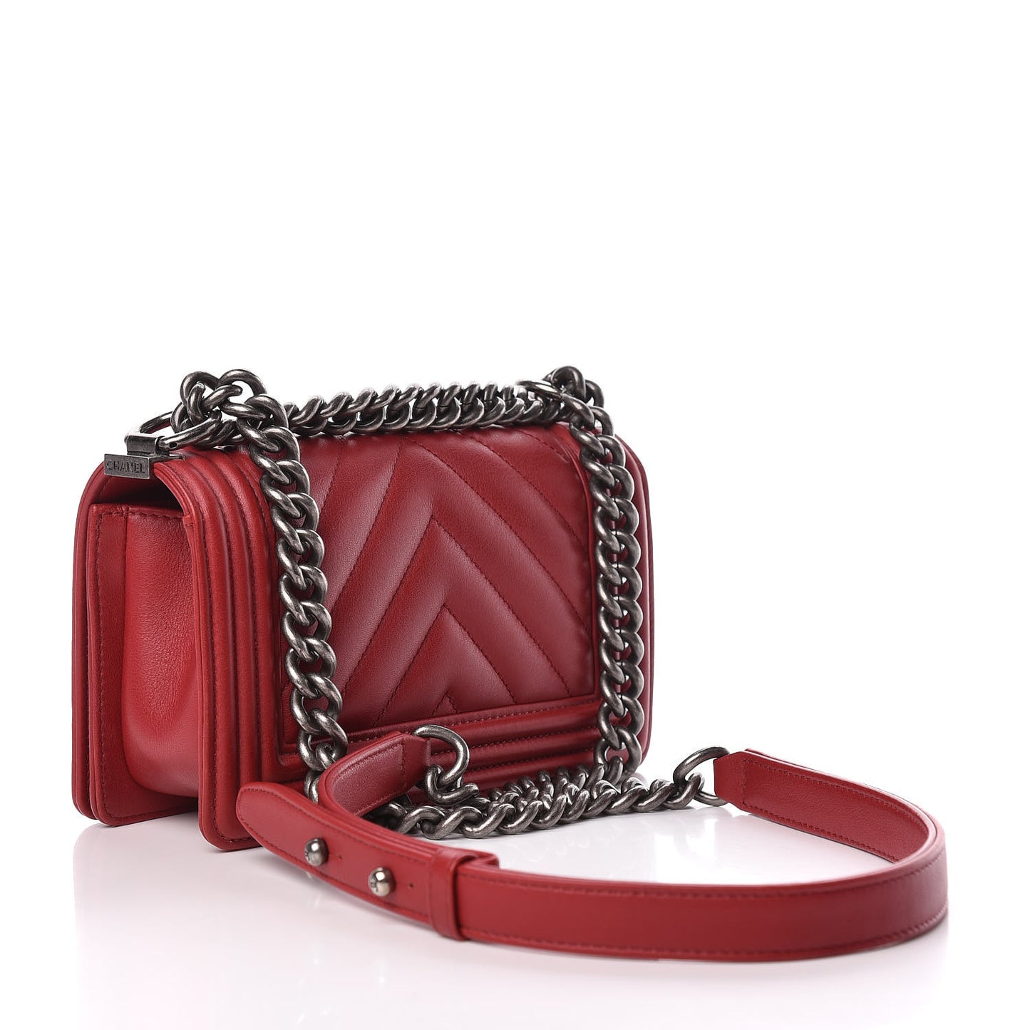 Calfskin Chevron Quilted Small Boy Flap Red