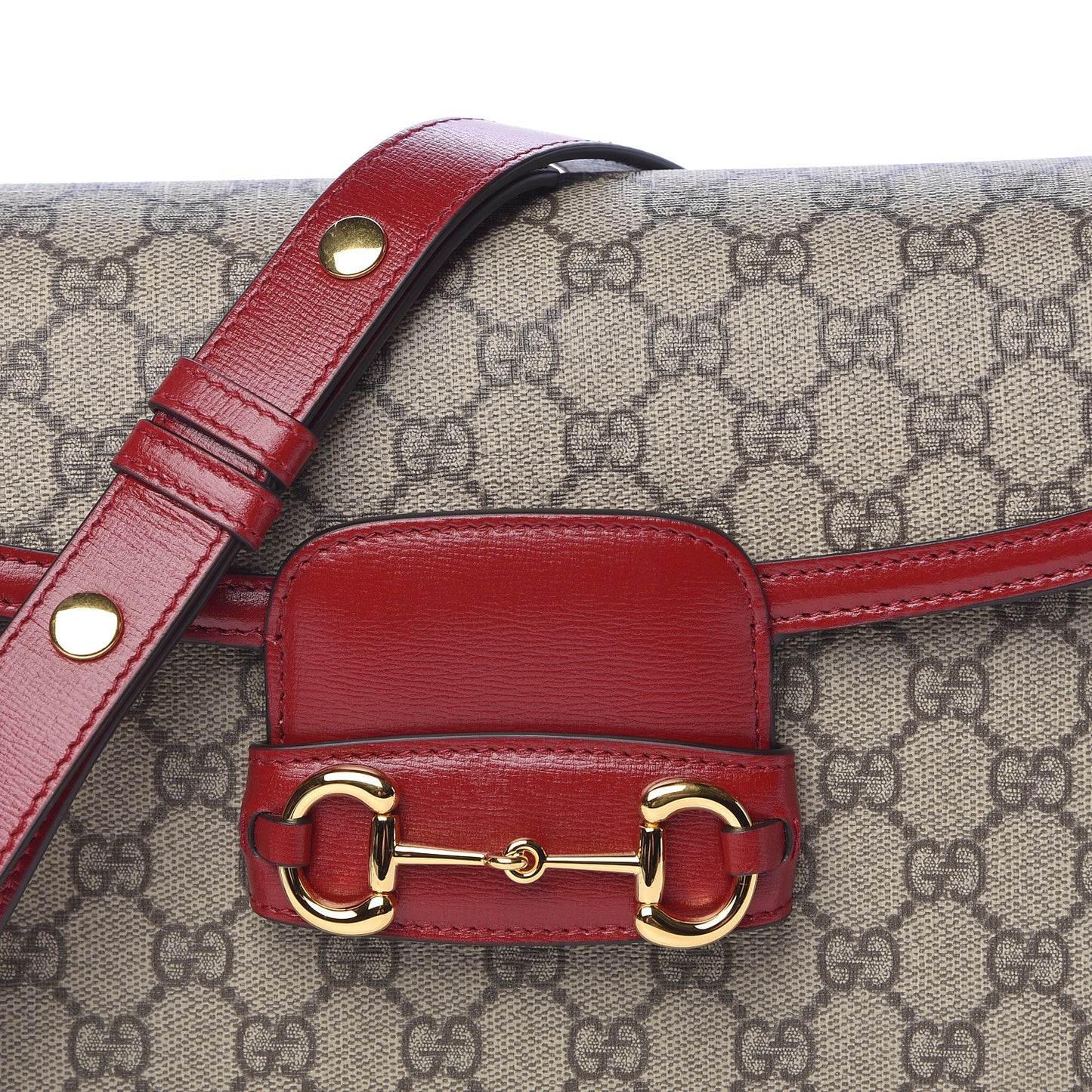 GG Supreme Monogram Azalea Calfskin Horsebit 1955 Shoulder Bag Beige Ebony New Cherry Red