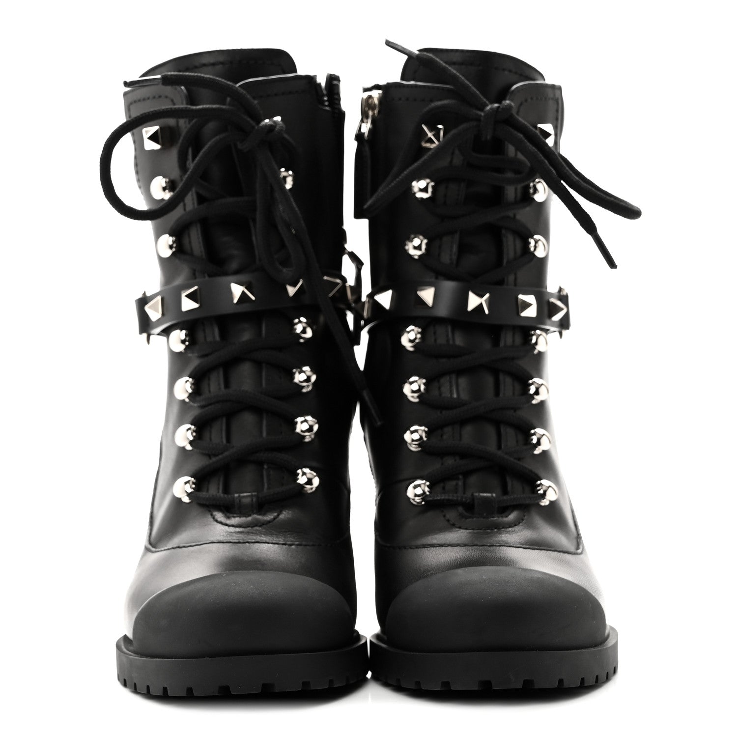 Valentino Garavani Calfskin Rockstud Cap Toe Combat Boots 37 Black 2 of 9