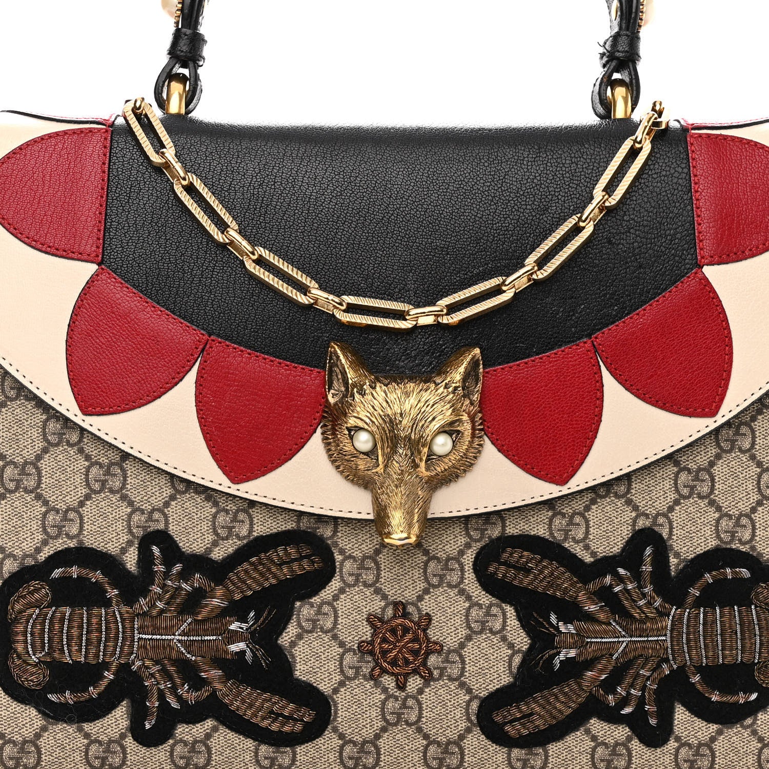 Gucci GG Supreme Monogram Goatskin Pearl Embroidered Medium Fox Broche Top Handle Bag Beige Ebony Black Hibiscus Red Mystic White 8 of 15